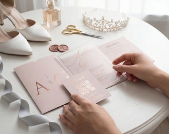 Blush Pink Acrylic Wedding Invitations with Rose Gold Foil & QR Code RSVP