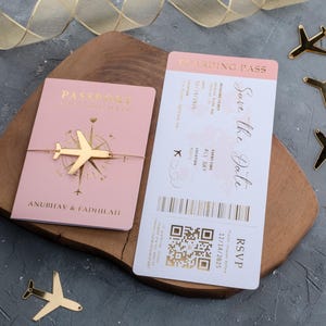 Blush Pink Passport Save the Date Invitation with Gold Foil and Airplane Accent — Destination Wedding Boarding Pass