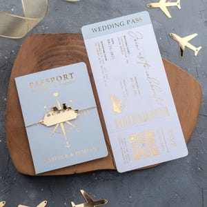Passport Wedding Invitation with Gold Foil and Cruise Ship Theme — Destination Wedding Boarding Pass Set