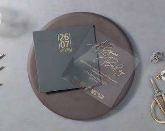 Acrylic Wedding Invitation, Gold Foil Script, Modern Clear Card