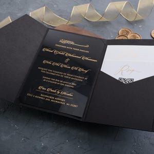 Black Acrylic Wedding Invitation with Gold Foil and Floral Engraving