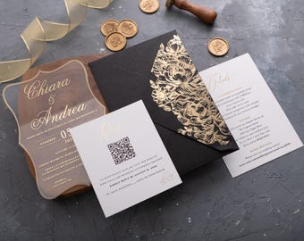Clear Acrylic Wedding Invitation, Gold Foil Floral Card with Black Envelope