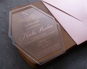 Rose Gold Foil Acrylic Quinceañera Invitation with Pink Envelope