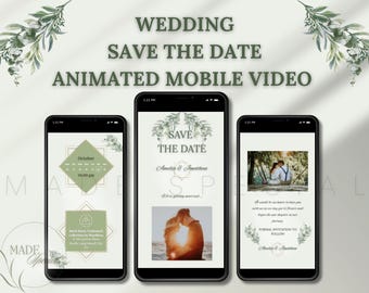 Vidéo mobile « Retenez cette date » animée verte élégante | Modèle de toile | Faire-part de mariage mobile | 001