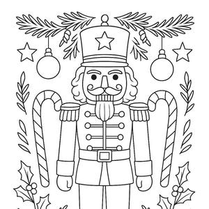 May include: Black and white illustration of a nutcracker soldier. The design includes a star-topped hat, a handlebar mustache, and a uniform with buttons. Festive elements like candy canes, ornaments, stars, and poinsettias surround the nutcracker.