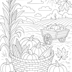 May include: Black and white line art illustration of a fall harvest scene. A large basket and a wooden cart are filled with pumpkins and corn. The background features a field, trees, clouds, and a sun.