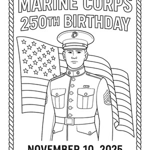 May include: Black and white illustration commemorating the Marine Corps' 250th birthday. The image features a Marine in uniform, the American flag, and the text "MARINE CORPS 250TH BIRTHDAY" and "NOVEMBER 10, 2025" within a rope border.