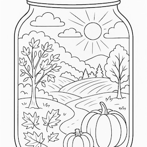 May include: Black and white line drawing of a mason jar filled with a fall landscape. The scene includes a sun, clouds, trees, rolling hills, a path, and pumpkins. Fallen leaves are scattered at the bottom.