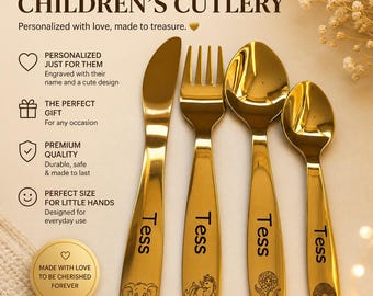 Posate per bambini in oro incise con nome – Regalo personalizzato per neonati – Set di posate di lusso per bambini piccoli – Regalo per baby shower, battesimo, compleanno
