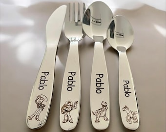Personalized Toy Story Children's Cutlery with Name | Stainless Steel Cutlery Set Baby & Toddler | Original Baby Shower Gift with Engraving