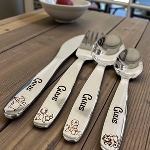 Personalized Kids Cutlery Set with Cartoon Engraving | Custom Name Engraved Silverware | Unique Gift for Children