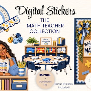 May include: Digital stickers for the math teacher collection featuring a person with long dark hair, a classroom scene with a round table, chairs, shelves, dice, a protractor, and a door sign that reads Welcome to Math and Math Intervention.