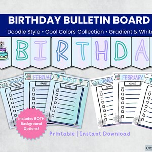 Classroom Birthday Bulletin Board Set, Printable Birthday Chart, Teacher Birthday Decor, Cool Colors, Pastel Classroom Display