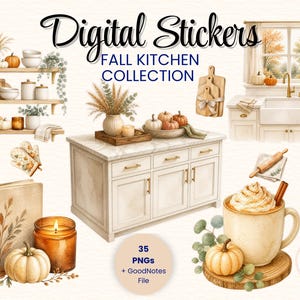 Puede incluir: Un conjunto de pegatinas digitales titulado Digital Stickers Fall Kitchen Collection que incluye ilustraciones de islas de cocina, estantes con calabazas, velas, un fregadero, una taza con nata, un libro y tablas de cortar, con 35 PNG y un archivo GoodNotes.