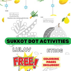 Puede incluir: Una hoja de actividades colorida con temática de Sucot con juegos de puntos que representan un lulav y un etrog. El texto "Sukkot Dot Activities" está incluido. La hoja incluye las palabras "¡GRATIS!" y "¡PÁGINAS PARA COLOREAR INCLUIDAS!"