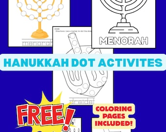 May include: A collection of Hanukkah-themed activity sheets on a blue background. The sheets include dot-to-dot menorahs and dreidels, with the words "Hanukkah Dot Activities" and "Coloring Pages Included!" The word "FREE!" is also displayed.
