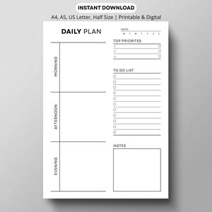 May include: A white daily planner with the text "DAILY PLAN" at the top. The planner is divided into sections for morning, afternoon, and evening, with space for top priorities, a to-do list, and notes. Available in A4, A5, US Letter, and half sizes.