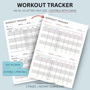 Peut inclure: Deux feuilles blanches de suivi d'entraînement avec une grille pour suivre les exercices, les séries et le repos. Le texte "WORKOUT TRACKER" est en haut. Les feuilles sont étiquetées "EDIT IN CANVA" et "EDITABLE + PRINTABLE".