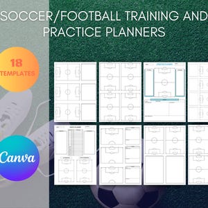 May include: A collection of soccer/football training and practice planners. The image features 18 templates with field diagrams and practice planning sheets. The word "Canva" is displayed in a blue and purple circle, and the text "Soccer/Football Training and Practice Planners" is at the top.