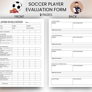 Puede incluir: Un formulario de evaluación de jugadores de fútbol de dos páginas. La primera página incluye secciones para información del jugador, habilidades técnicas, conciencia táctica, atributos físicos y rasgos psicosociales. La página posterior tiene secciones para fortalezas, áreas de mejora y reflexiones generales.