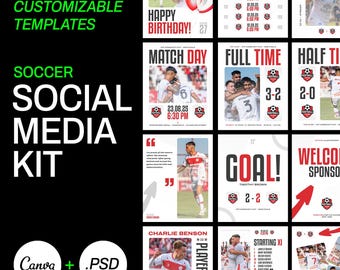 Soccer Social Media Templates - 13 Editable CANVA & .PSD Graphics | Football Team Instagram Posts (Gameday, Score, MVP poster etc)