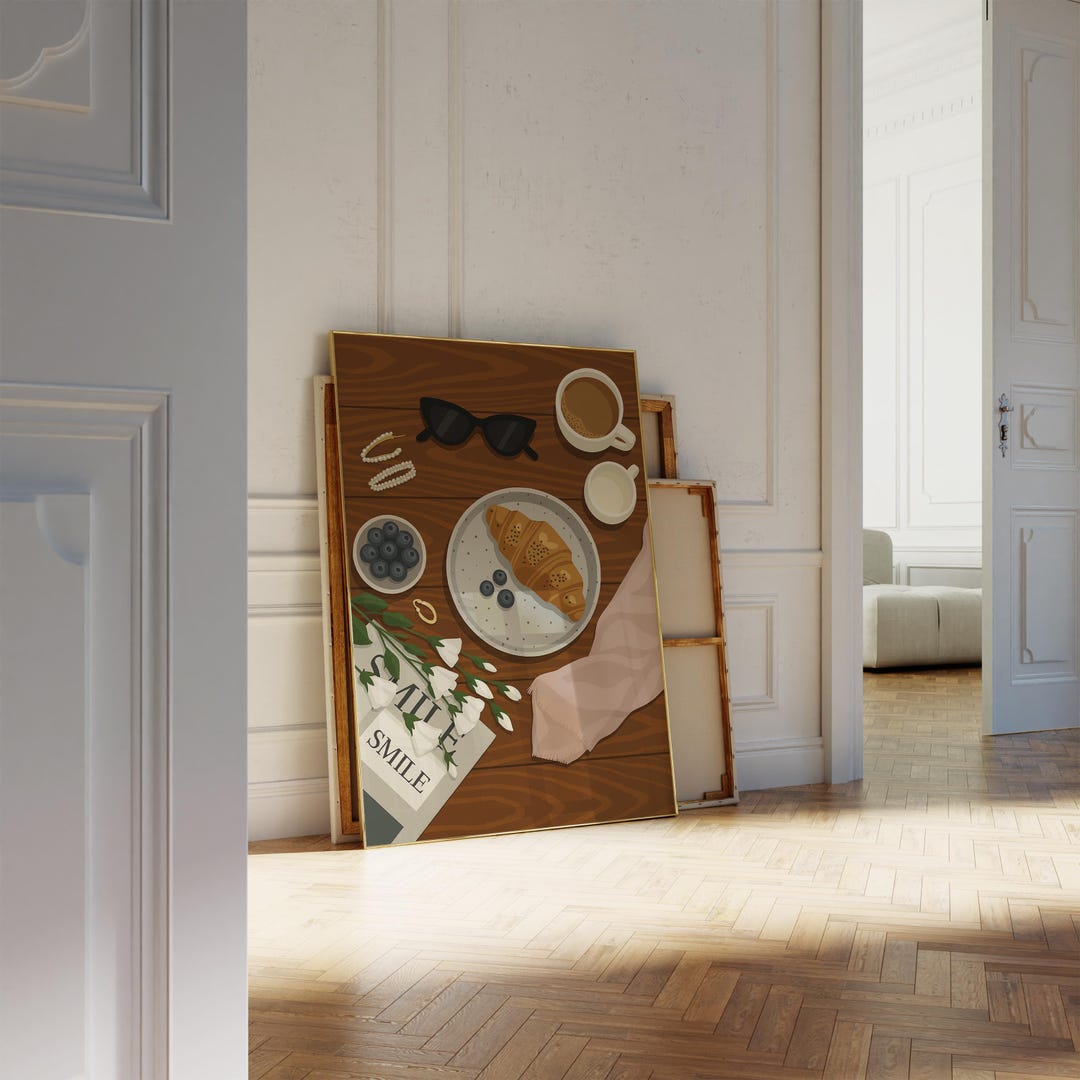 Coffee and Croissant Poster, Parisian Breakfast Wall Art, Digital ...