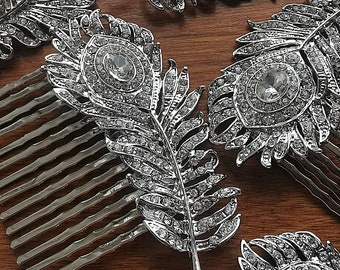 Bridal hair comb Peacock hair comb Peacock feather hair accessory wedding bridal gatsby theme Silver or Rose gold hair combs set with cz