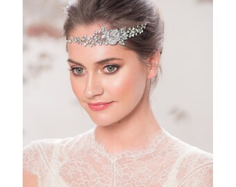 Bridal headpiece, crystal browband, crystal foreband, rose foreband, rose foreband, forehead hair jewelry, floral bowband