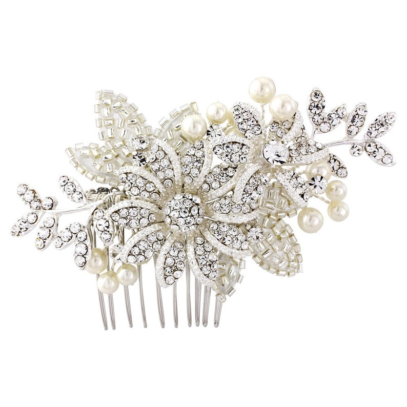 Christmas gift Ivory pearls and embellished beadwork on a silver plated finish Stunning piece Crystal bridal Hair Comb