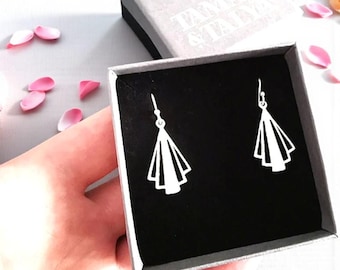 Boucles d'oreilles Art déco | mariage vintage | Pendants d'oreilles en argent sterling | Conception d'éventail | Cadeau pour elle