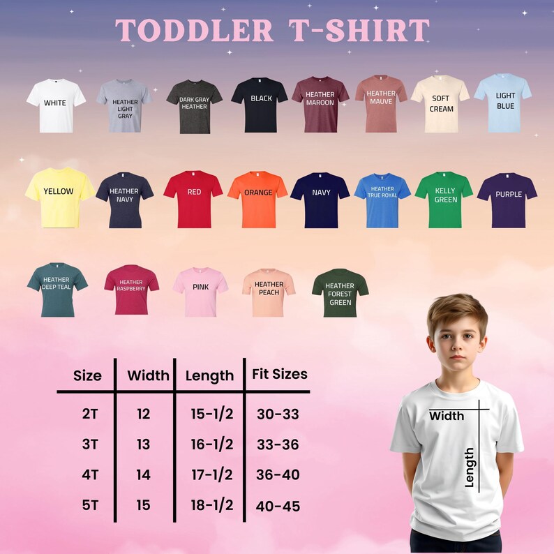 Puede incluir: Una variedad de camisetas para ni&ntilde;os peque&ntilde;os en varios colores, incluyendo blanco, negro y azul. La imagen tambi&eacute;n muestra una tabla de tallas con medidas en pulgadas y tallas de ajuste para cada talla. El texto "TODDLER T-SHIRT" est&aacute; en la parte superior.