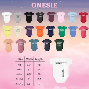 Puede incluir: Una variedad de bodies para beb&eacute;s en varios colores, incluyendo blanco, rosa y rojo. La imagen tambi&eacute;n incluye una tabla de tallas con medidas en pulgadas para el ancho y el largo. La palabra "ONESIE" est&aacute; en la parte superior.