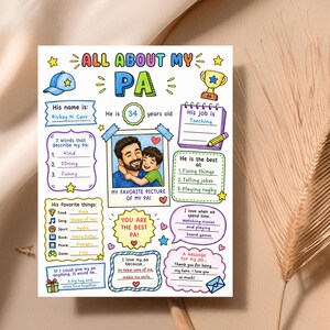 May include: A colourful printable questionnaire titled ALL ABOUT MY PA featuring hand-drawn illustrations of a baseball cap, trophy, and a central photo frame. The sheet includes fill-in-the-blank sections for personal details, favourite things, and messages.