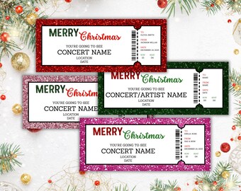 Puede incluir: Varios boletos de concierto navideños en rojo, rosa y verde con bordes brillantes. Cada boleto tiene las palabras "Merry Christmas" y espacio para detalles del concierto. Algunos boletos incluyen campos "Para" y "De".
