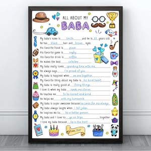 May include: A framed print titled "ALL ABOUT MY BABA" with handwritten answers about a father. The print features colorful illustrations of a hat, car, trophy, and other objects. The text includes the father's name, age, favorite food, and other details.