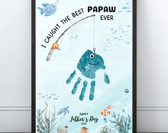 Manualidad imprimible con huellas de manos para el Día del Padre, Arte con huellas de manos de Papaw pescando, Regalos para el Día del Padre, Recuerdo de huellas de manos DIY "Pesqué al mejor Papaw"