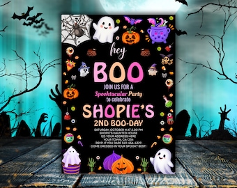 Editable Pastel Halloween Birthday Invitation | Hey Boo Ghost Girl Party Invite | Cute Spooky Digital Download | Girly Halloween Template