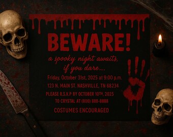 Bloody Halloween Invitation | Canva Template | Spooky Digital Download Party Invite (Horizontal)