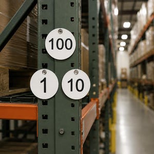 May include: Warehouse shelving with three white circular tags displaying the numbers 100, 1, and 10. The tags are attached to a green metal support beam. The background shows rows of shelves filled with boxes.
