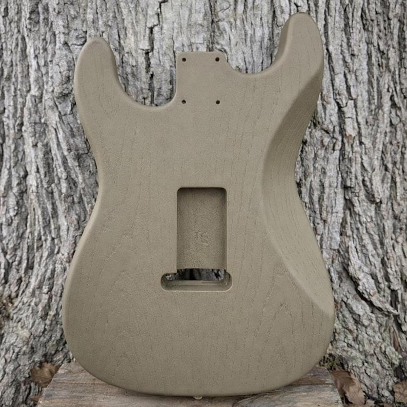 May include: A beige guitar body made of wood, featuring cutouts for pickups, a tremolo system, and neck attachment. The unfinished body has a smooth, curved design, ready for customization. The guitar body is shown against a textured tree bark background.