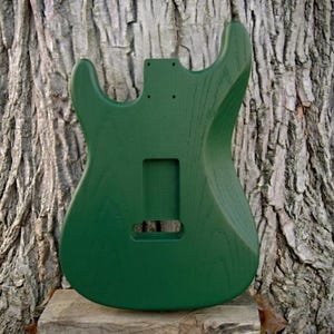 May include: A solid green guitar body with cutouts for pickups, neck, and controls. The body is made of wood and has a smooth, painted finish. The guitar body is displayed against a textured tree trunk background.