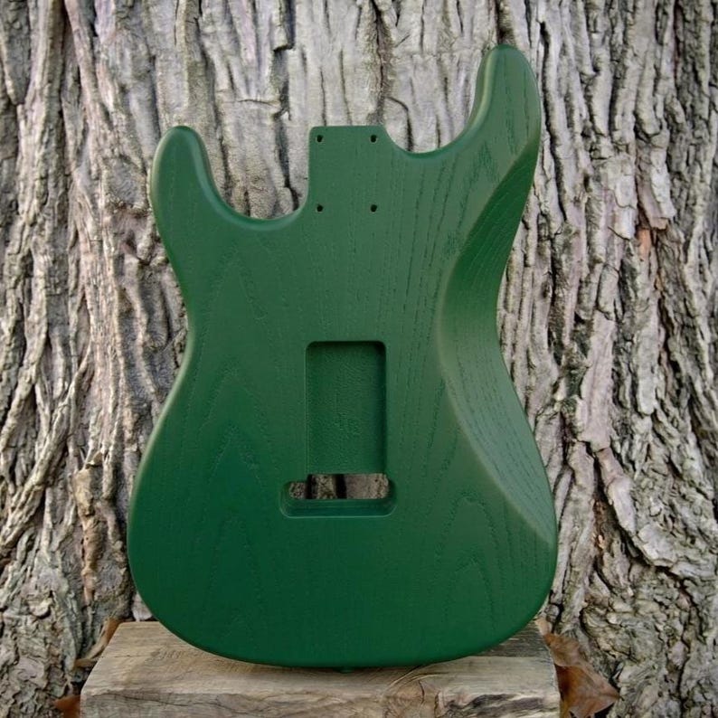 May include: A solid green guitar body with cutouts for pickups, neck, and controls. The body is made of wood and has a smooth, painted finish. The guitar body is displayed against a textured tree trunk background.