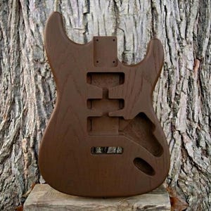 May include: A brown, unfinished electric guitar body with cutouts for pickups, controls, and a tremolo system. The wood grain is visible. The guitar body is set against a textured tree trunk background.