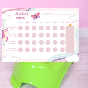 Peut inclure: Un tableau de propreté coloré avec le texte "JE DEVIENS PROPRE!" et un pot vert. Le tableau présente un design de licorne, de papillon et d'arc-en-ciel. Il comprend des espaces pour suivre les progrès quotidiens et une section pour une surprise.