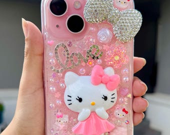 Kawaii Hello Kitty Phone Case: Pink Sparkly Resin Charm Case