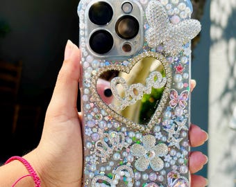 Heart Mirror Luxury Bling Phone Case – Kawaii Resin Charm Case – Handmade Sparkly Phone Cover – Girly Aesthetic