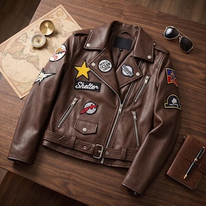 Punk Style Women's Brown Leather Jacket | Custom Embroidery & Patchwork