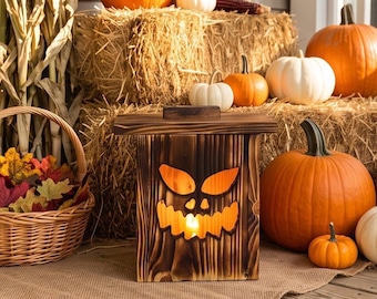 May include: A wooden lantern with a carved jack-o'-lantern face sits among orange and white pumpkins, a wicker basket filled with colorful autumn leaves, and dried corn stalks arranged on hay bales for a seasonal display.