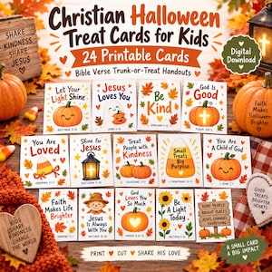May include: A collection of 24 printable Christian Halloween treat cards for kids featuring autumn leaves, pumpkins, and candy corn illustrations. Each card displays Bible verses and messages like Jesus Loves You, Be Kind, and God Is Good.