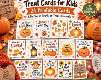 Christelijke Halloween-traktatiekaartjes voor kinderen | 24 Bijbelvers-uitdeelkaartjes voor Trunk-or-Treat (digitale download)